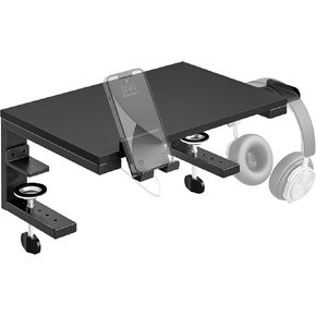 Desk Shelf Extender, 15 inches 3 in 1 Clamp on Desk Shelf with Phone & Headset Holders, Heavy Duty Desktop Organizer for Gaming and Office Accessories, Black