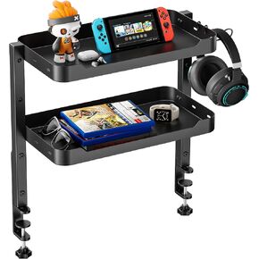 ARES WING 2-Tier Clamp On Desk Shelf, 16 inch Adjustable Above or Under Desk Storage Shelves Holds 44 lbs, Heavy Duty Desktop Organizer with Headphone Holder for Working and Gaming Accessories, Black