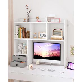 Desktop Bookshelf with Outlets, Office Desktop Shelf, Desk Hutch Organizer, Wooden Desktop Bookcase with 7 Shelves and 2 Drawers for Study, Dorm, Home White MCJ01UWB
