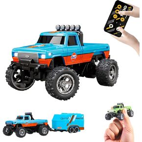 Mini Rc Truck, Mini RC Monster Truck, 1:64 Scale Monster Truck Remote Control Car with Lights, 2.4Ghz Remote Control, Mini Alloy Monster Truck Rc, Speed/Steering Adjustable (Green)