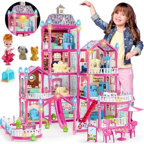 Doll House for Girls ,10 Rooms Pink Doll House with Dolls Figure, Puppies ,Furnitures, Accessories, LED Light, Toddler Playhouse Gift for for 3 4 5 6 7 8 9 10 Year Old Girls Toys