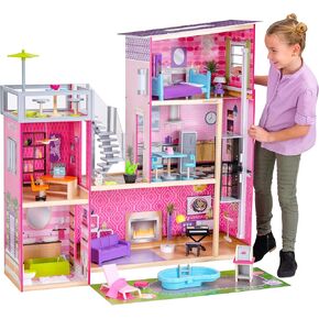 دمية Kidkraft Uptown Wooden Modern مع الأضواء والأصوات ، وسباحة و 36 ملحقات
