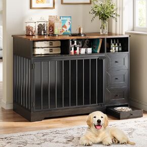 48 Inch Dog Crate Furniture, Farmhouse Dog Kennel with Dog Bowl & Storage Drawers, Heavy Duty Pet Crate Table for Medium Small Dogs for Living Room, Entryway, Retro Brown in Kuwait