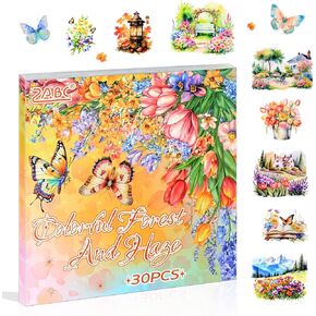 Dwpetzo 30 Sheets Precut Colorful Garden Landscape Stickers Book for Junk Journal Supplies, Transparent PET Stickers for Journaling, Scrapbooking, Bujo, Collage, Card Making