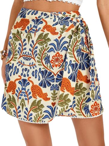 Kate Kasin Women's Boho Mini Skirts Floral Wrap Tie Skirt Elastic High Waisted Summer Casual Beach Skirts 2025 in Saudi Arabia