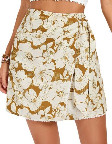 Kate Kasin Women's Boho Mini Skirts Floral Wrap Tie Skirt Elastic High Waisted Summer Casual Beach Skirts 2025 in Saudi Arabia