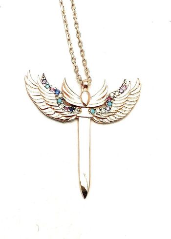 Archangel Michael's Sword Pendant, Rose Gold Filled with Colorful Stones, Adjustable Chain Necklace for Spiritual Protection, Perfect Gift for Angel Lovers in Saudi Arabia