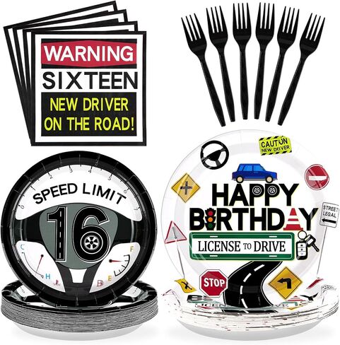 Grencian 96Pcs Drivers License 16th Birthday Party Decorations for Boys New Driver Car Road 16th Birthday Plates and Napkins for Learner Driver 16 Years Old Birthday Party Favors Serves 24 in Saudi Arabia