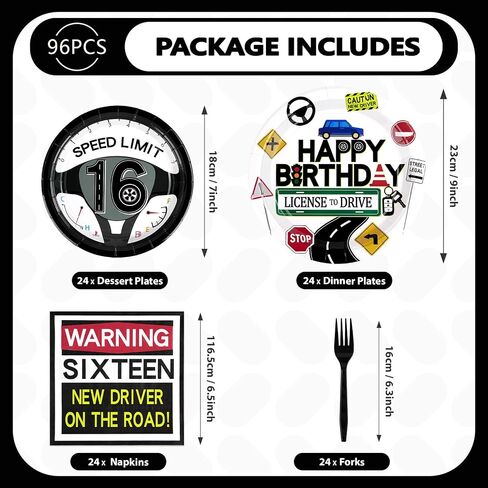 Grencian 96Pcs Drivers License 16th Birthday Party Decorations for Boys New Driver Car Road 16th Birthday Plates and Napkins for Learner Driver 16 Years Old Birthday Party Favors Serves 24 in Saudi Arabia