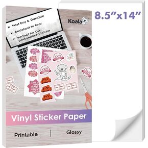 Koala Printable Vinyl Sticker Paper for Inkjet Printers, 8.5x14 Inch 20 Sheets Glossy White Water-Resistant Adhesive Label Paper - Tear-Resistant, Removable