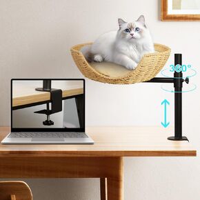 Cat Desk Bed, Cat's Desk Nest with Paper Rope Material, Steel Frame, Adjustable Height, 360 Rotating cat Desk Bed, Suitable for Cats up to 22 pounds, Easy to Install, Including mounting Accessories