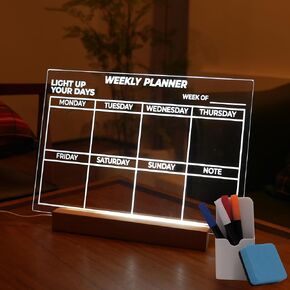 White LED Dry Erase Weekly Planner, 13x9, USB-Powered Light Up Whiteboard, Includes 4 Markers & Eraser, Weekly Schedule, Task Organizer, Work Planner, Study Planner