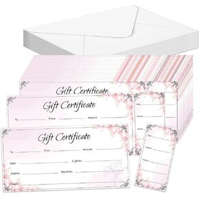 50 Pack pink Gift Certificates with Envelopes 2.36x5.9 Inch- Blank Gift Cards with Name and Address Voucher Certificates for Personal or Small Business