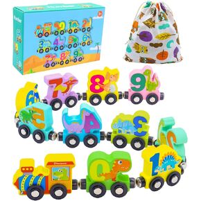 Dinosaur Toys for Kids 2-4, Wooden Magnetic Train Set, 11 PCS Number Trains Learning Activities for Kids, Birthday Gifts Infant Development Toys for Boys Girls
