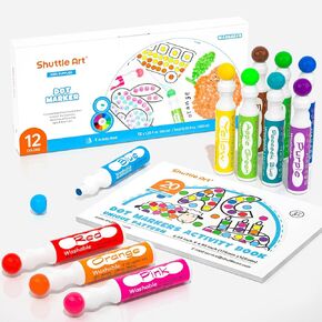 Shuttle Art Dot Makers, 12 Colors Bingo Daubers with 20 Unique Patterns of Dot Book for Toddler Art Activities, Non-Toxic Washable Coloring Markers for Preschool Kids Learning