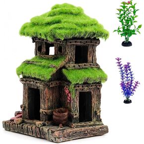 Fish House for Aquarium Aquarium Decorations Fish Hideout Fish Tank House with Lifelike Moss, Come with 2 pcs 4 inch Artificial Aquarium Plants (house1)