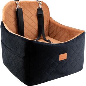 Dog Car Seats for Small Dogs, FurFrolic Memory Foam Dog Booster Seat for Small/Medium Dogs up to 35 lbs, Travel Pet Car Seat with Washable Detachable Cover, Storage Pockets, 2 Safety Belts (Brown)