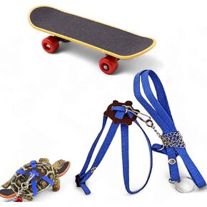 Tortoise Harness and Leash with Toy Skateboard for Turtle set, Funny Tortoise Skateboard and Adjustable Leather Harness Leash, Training Skateboard and Turtle Harness Leash Pet Tortoises Toys (Blue, L)