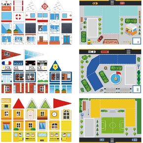 PicassoTiles 80pc School, Hospital, Police Station 3-in-1 Theme Magnet Self Adhesive Backing Stick-On Puzzle Graphic Kit and Overlay Maps for Magnetic Building Blocks STEM Learning Construction Toy