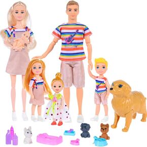 Family Dollhouse Dolls Playset - 6 People with Dollhouse Pets Included Pregnant Mom Dad 3 Kids and Accessories for 3-12 Years Old Toddlers Gift