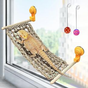 VCEPJH Bearded Dragon Window Perch Reptile Window Hammock Natural Seagrass Lizard Lounger Bed with Powerful Suction Cups Climbing Toys Tank Accessories for Gecko Chameleon Basking