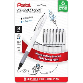 Pentel Floatune Rollerball Pen, (1.0mm), Bold Point, Black/Blue Ink, Pack of 8 (BY110PF8AC)