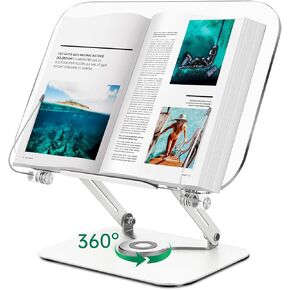 Clear Clear Acrylic Book Stand للقراءة ، حامل كتاب قابل للتعديل مع مقاطع وقاعدة وصفحة 360 درجة ، وقراءة قابلة للطي للمكتب عرض كتاب كتاب الطبخ الموسيقي الموسيقي وصفة الكمبيوتر المدرسي ، الألومنيوم