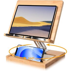 wishacc Adjustable Book Stand for Reading, 360 Degree Book Holder Hands Free with Phone Holder Slot and File Organizer, Foldable Desktop Riser for Laptop, Recipe, Textbook,Cookbook Stand