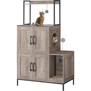 HOOBRO Cat Litter Box Enclosure Furniture, 2 in 1 Hidden Litter Box Furniture with Shelf, Double Litter Box Cabinet with 2 Danging Plush Balls and 1 Toy Ball, Greige and Black BG78MW01