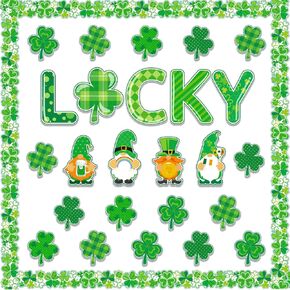 St. Patrick's Day Shamrocks Cutouts Bulletin Board Decorations, St. Patrick’s Lucky Gnome Paper Cutouts Bulletin Trim Board Border Stickers for Holiday Classroom School Supplies