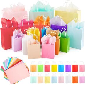 208 PCS 16 COLORT الأكياس الهدايا مع مجموعة المقبض بما في ذلك 48 أكياس هدايا أحجام متنوعة بأحجام كبيرة (صغيرة 6 "، متوسطة 9" ، كبيرة 13 ") و 160 ورقة منسجة لعيد الميلاد دش الزفاف عيد الميلاد