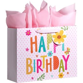 Bobobag 13" Pink Gift Bag with Tissue Paper for happy Birthday large gift bags for Girls