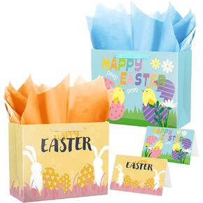 Lyforpyton 2 Pack Large Easter Gift Bags with Tissue Paper and Card 12.6" Blue and Yellow Gift Bags for Easter