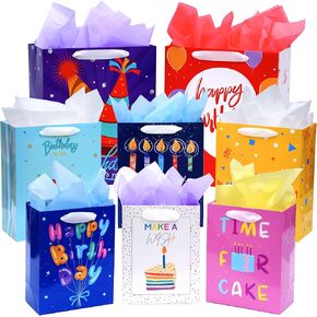 Nihuecne 8 Pack Birthday Gift Bags Assorted Sizes (2 Extra Large 15", 3 Large 13",3 Medium 9") with Ribbon Handle and Tissue Paper, Reusable and Perfect For Wrapping Present