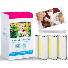 Replace Selphy CP1500 Ink and Paper Compatible Canon CP1300, CP1500, CP1200, CP910, CP1000, CP900, CP800, CP810 Paper and Ink KP-108IN Selphy Photo Paper Glossy 4 x 6, 108 Sheets, 3 Color Ink Cassette
