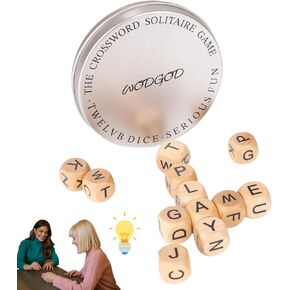 The Crossword Solitaire Game, 2025 New Dice Game with 12 Dice Letters, Wooden Letter Tiles Dice Games for Camping Games, Travel Scrabble Game with Case，White Elephant Gift Adults