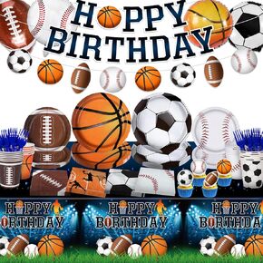 Sports Birthday Party Decorations Serve 24, Sports Party Supplies Kit 139Pcs, Basketball Football Baseball Rugby Party Plates and Napkins Kit for Sports Themed Party Decorations