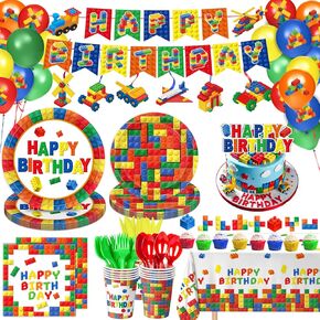 173 PCS Building Block Birthday Party Decorations - Plates, Napkins, Cups, Cutlery, Cake & Cupcake Toppers, Banner, Hanging Swirls, Tablecloth, Balloons for Boys' Kids' Birthday Party, Serves 20