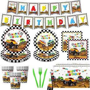 Monster Truck Party Supplies,Monster Machine Happy Birthday Checkered Tableware Sets Include Monster Trucks Theme Party Paper Plate Napkins for Monster Truck Birthday Party Decorations