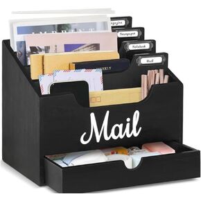 Wood Desktop Mail Organizer, Mail Organizer Countertop with 4 Compartments and Drawer, Wood Mail Holder Sorter Organizer Holder for File Letter Paper Folder, Black Wooden Desk Organizer