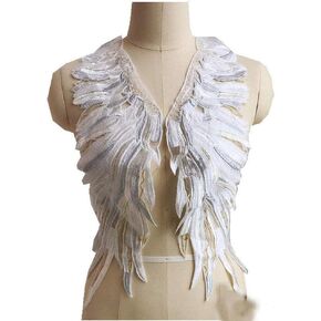 2 PC White Feather Phoenix Tail Cloth Paste Patches Embroidery Lace Applique Sewing Flower Bride Wedding Dress Wings