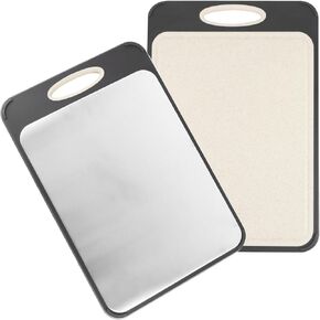 QWORK Large Double-Sided Cutting Board 16"x11", 304 Stainless Steel & Wheat Straw PP Cutting Board for Kitchen