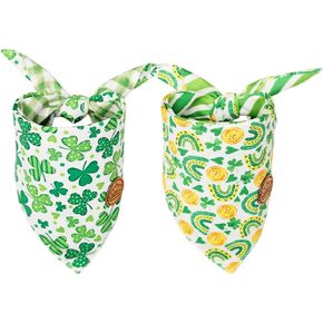 CROWNED BEAUTY St Patricks Day Dog Bandanas Reversible Large 2 Pack, Shamrocks & Gold Set, Green Plaid Adjustable Triangle Holiday Scarves for Medium Large Extra Large Dogs Boy Girl Pets DB158-L