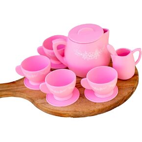 Eco-Friendly Floral Silicone Tea Set for Kids , Tea Sets for Toddlers 3-5, BPA Free, Machine Washable, Microwave Safe, Kid Friendly Floral Design, Tea Party Set for Little Girls 4-6 (Perfect Pink)