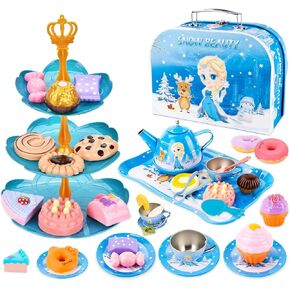 Ilauke 59 PCS Tea Party Set ، Princess Tea مجموعة للفتيات الصغيرات ، Toys Frozen Play Play Gifts بما في ذلك الحلوى ، ملفات تعريف الارتباط ، كعكة صينية إبريق الشاي وقضية حمل 3 4 5 6 7 8