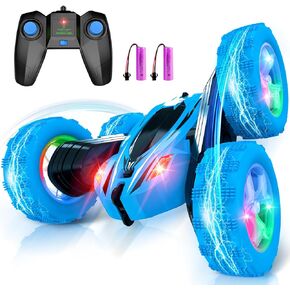 Remote Control Car, RC Cars Toys for Boys Ages 4-12, Double Sided 360°Rotating 4WD RC Cars with Headlights & Wheel Lights, 2.4Ghz, Christmas Birthday Gifts for Boys