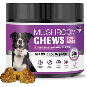 Turkey Tail Mushroom for Dogs 200 Chews Supplement Mushrooms Dog Multivitamin Chewables Pet Vitamins Complex with Reishi Lions Mane for Immune Support Joint Digestive and Liver (Chicken Flavor)