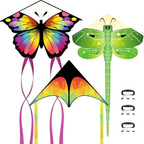 SANCO 3 Packs Kite - Colorful Delta Butterfly Dragonfly Kites for Beginners, Easy to Fly Large Beach Park Kite with 328ft String, Kite for Kids Adults Outdoor Games and Activities