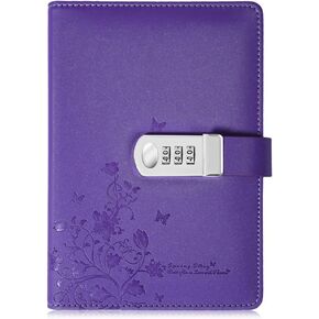 koboome PU Leather Diary with Lock, A5 Size Journal with Combination Lock Creative Password Notebook Locking Personal Diary (Purple)