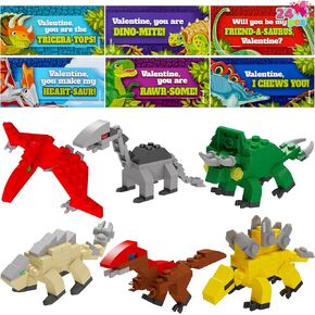 JOYIN 24 Packs Valentines Day Cards with Dinosaur Building Blocks for Gifts Party Favor, Classroom Exchange Prize, Valentine’s Greeting Cards